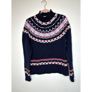 J. Crew Navy and Red Patterned Turtleneck Sweater